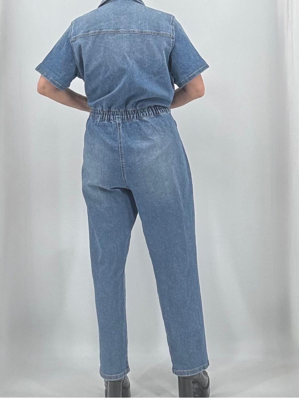 Celebrity Pink Retro 70s Zippered Boiler Suit Denim Overalls Jumpsuit - Picture 5 of 15